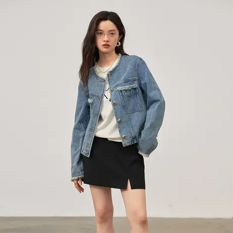omont蛋挞家 复古小香风牛仔外套女2023秋季新款圆领短款夹克上衣图片