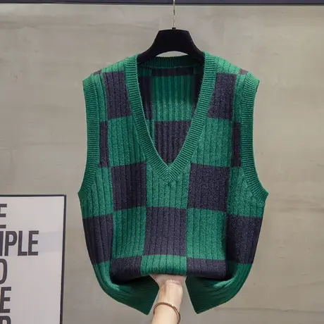 棋盘格v领针织马甲背心女2023秋装新款宽松马夹外穿上衣毛衣坎肩图片