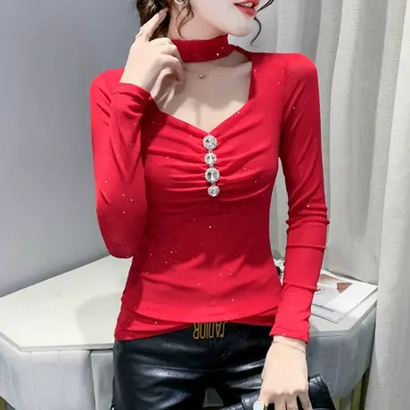 加绒加厚打底衫女内搭春秋紧身网纱上衣性感镂空露锁骨T恤女长袖商品大图