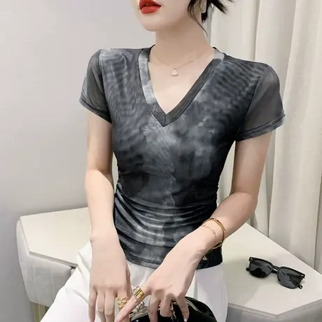 扎染印花V领T恤女短袖性感网纱小衫气质修身上衣夏装欧货别致体恤商品大图