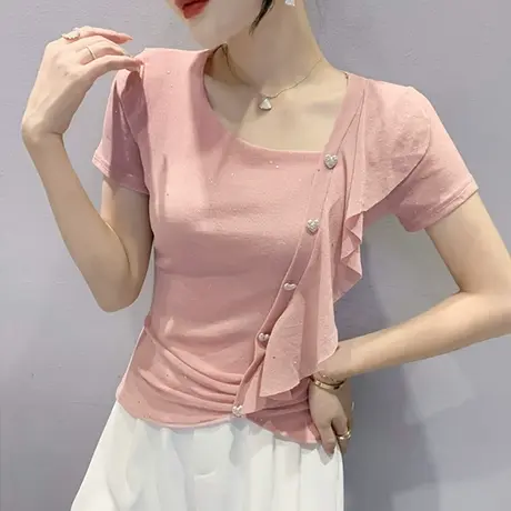 时尚网纱短袖上衣女士2023夏季新款性感斜领T恤不规则荷叶边小衫商品大图