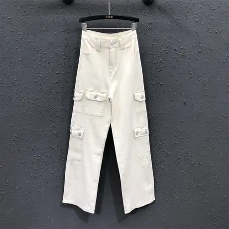 2023夏季新款多口袋潮流休闲百搭纯色高腰牛仔直筒裤女显瘦工装裤商品大图