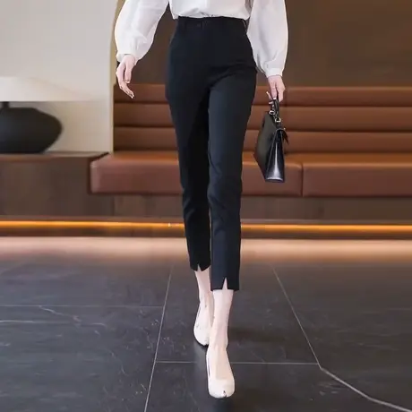 黑色裤子女春秋季高腰显瘦西装裤小个子职业百搭休闲开叉小脚西裤图片