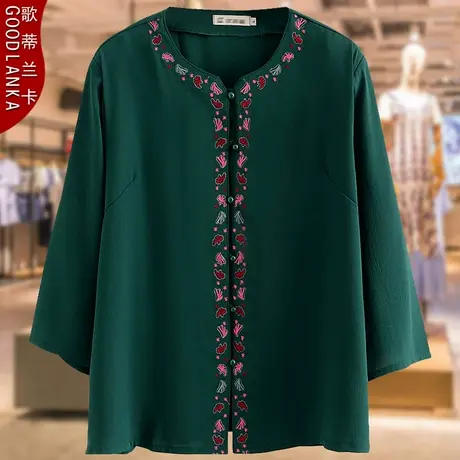 大码中老年妈妈春夏小衫上衣宽松洋气刺绣民族风中袖衬衫女200斤商品大图