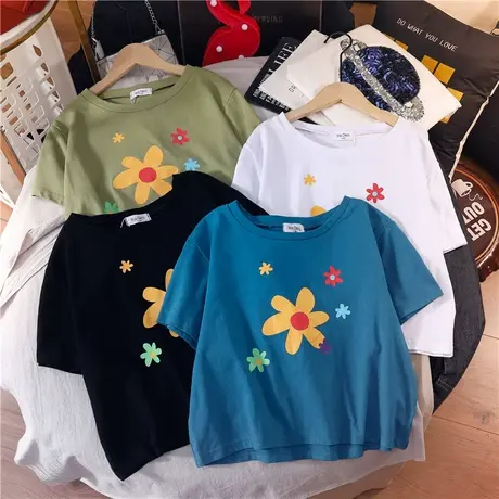 欧洲站短款上衣女短袖t恤纯色2023新款夏韩版短袖宽松卡通打底衫商品大图