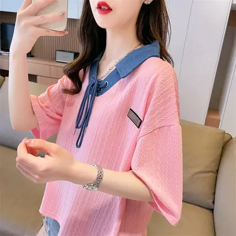 小众设计感短袖t恤女2023新款夏季韩版宽松撞色短款polo领上衣服图片