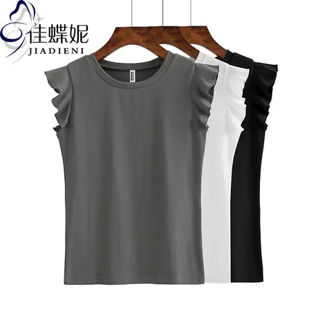 夏季新款韩版圆领修身荷叶边短袖体恤打底衫纯棉纯色休闲女装上衣商品大图