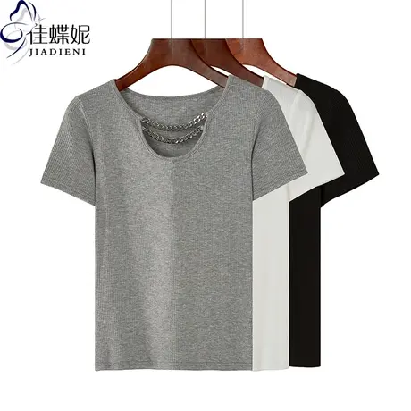 夏季新款韩版圆领金属感项链修身纯色短袖体恤上衣内搭打底纯棉女商品大图