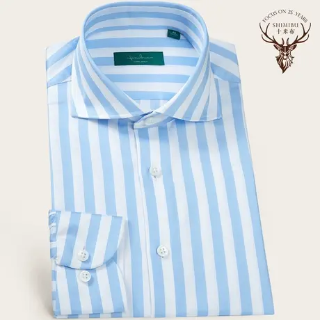 十米布优雅清爽浅蓝竖条纹长袖衬衫休闲温莎领修身立体感男士衬衣商品大图