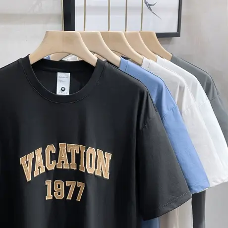 美式复古短袖T恤男上衣夏季新款冰丝棉潮牌打底白色宽松半袖体恤图片