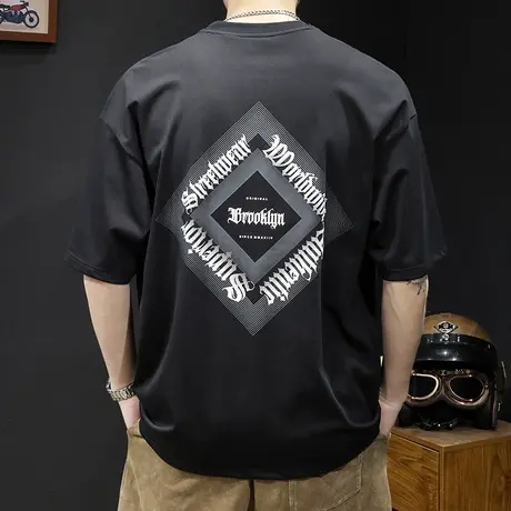 黑色短袖t恤男士宽松大码潮牌夏季2023新款男装重磅体恤男款圆领商品大图