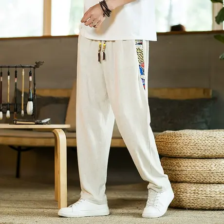 中国风休闲裤男青年中国风加肥加大码复古盘扣哈伦裤男装亚麻长裤商品大图