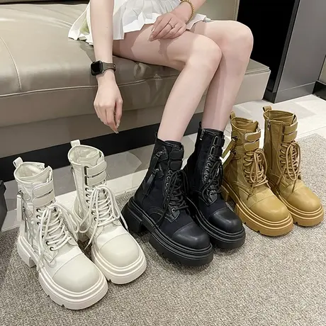 马丁靴女鞋2023秋季年新款皮带扣大黄靴工装靴厚底松糕机车靴短靴商品大图