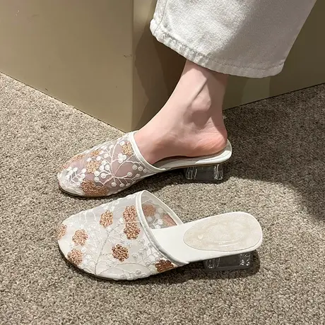 网红款绣花包头拖鞋女2023夏季新款韩版网纱平跟半拖鞋女外穿凉拖图片