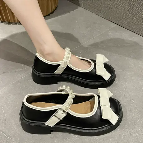 学院风小皮鞋女2023年新款春季圆头浅口珍珠一字带学生玛丽珍单鞋商品大图