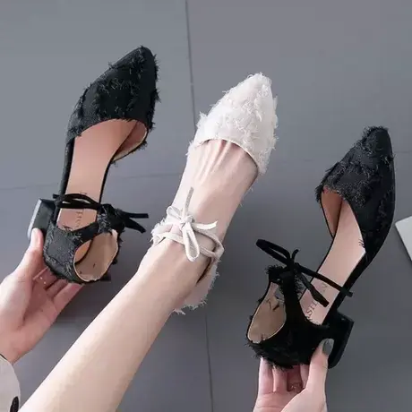 仙女风网红2023新款夏天包头中空凉鞋女蝴蝶结黑色尖头女鞋子包跟商品大图
