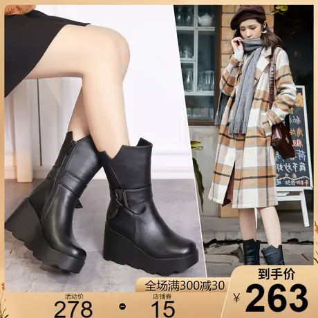 真皮中筒靴女2023冬季新款时尚高跟牛皮女靴休闲圆头软底女鞋皮鞋商品大图
