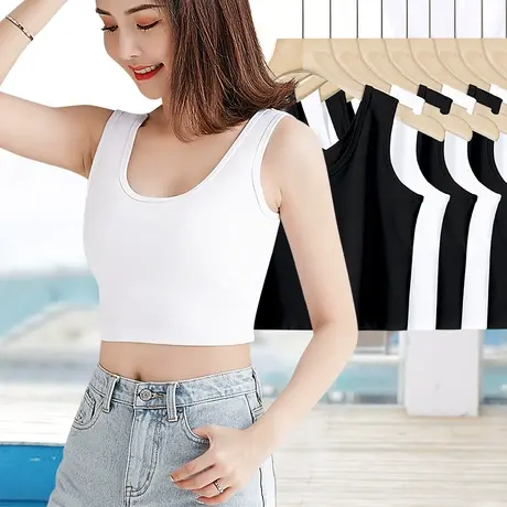 2024夏季白色吊带背心女内搭低胸宽肩带短款上衣露脐性感无袖体恤商品大图