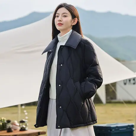 坦博尔系带收腰菱格纹羽绒服女风衣翻领2022新款秋冬外套TD336296图片
