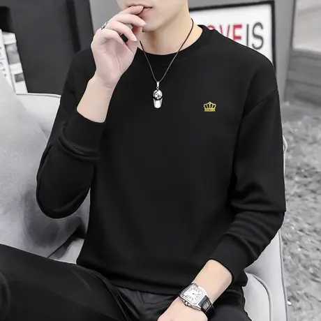 春秋款黑色卫衣男宽松潮流加绒套头无帽秋季上衣印花圆领长袖t恤商品大图