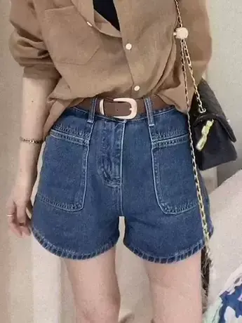 蓝色水洗复古a字牛仔短裤女夏季2023年新款小个子高腰显瘦热裤子商品大图