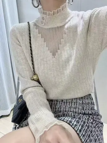 秋装新款2023冬季女装内搭女士显瘦毛衣女秋冬蕾丝修身针织打底衫商品大图