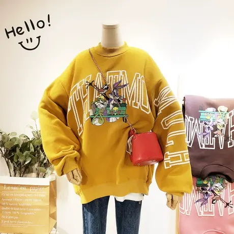 2019秋冬韩国东大门ulzzang趣味卡通休闲半高领加绒宽松卫衣大码商品大图