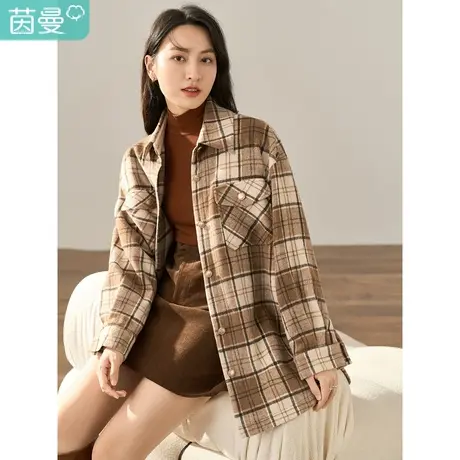 茵曼绵羊毛格纹毛呢外套女202年冬季新款美拉德穿搭中长款呢大衣图片