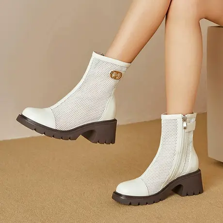 真皮镂空短靴女厚底春夏新款透气网纱牛皮骑士靴凉靴网靴西部靴女商品大图