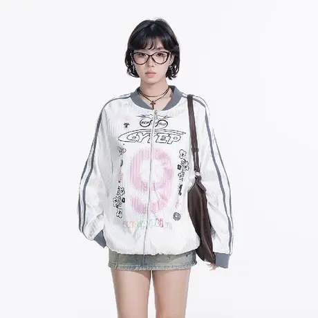 YEP印花美式街头风棒球服外套女春季2025新款宽松拼色插肩袖夹克商品大图