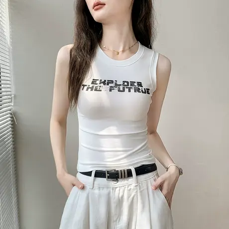 韩版字母印花圆领无袖背心2025春夏新款修身辣妹外穿别致内搭上衣商品大图