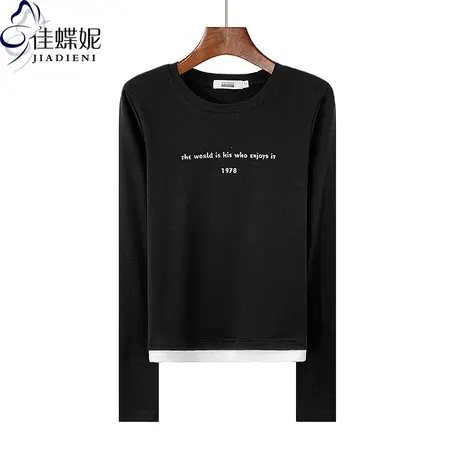 秋冬新款圆领撞色纯棉拼接字母印花修身显瘦长袖体恤上衣女打底衫商品大图