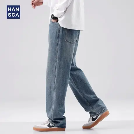 hansca水洗宽松牛仔裤男秋季新款美式复古做旧大码垂感直筒长裤子图片