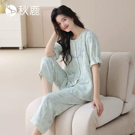 秋鹿轻盈透气双层纱布梭织纯棉睡衣女春夏薄款短袖法式碎花家居服商品大图