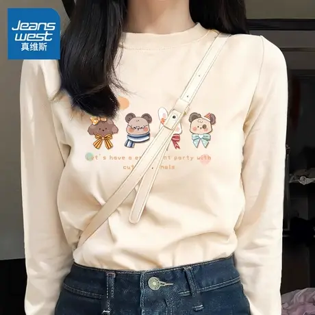 KHV真维斯纯棉长袖t恤女款春秋2025新款夏季宽松大码女装短袖上衣商品大图