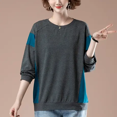 春秋新款加肥加大码女装长袖t恤纯棉宽松百搭拼接显瘦外穿打底衫商品大图