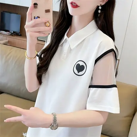 翻领polo衫短袖t恤女夏季韩版宽松大码女装撞色百搭网纱拼接上衣图片