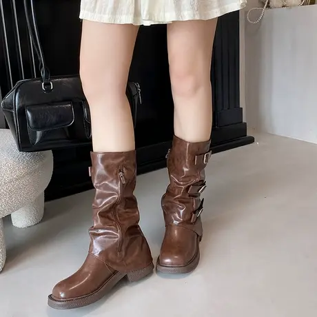 法式褶皱堆堆靴女2025年新款秋季配裙子粗跟长筒靴英伦风骑士靴子商品大图