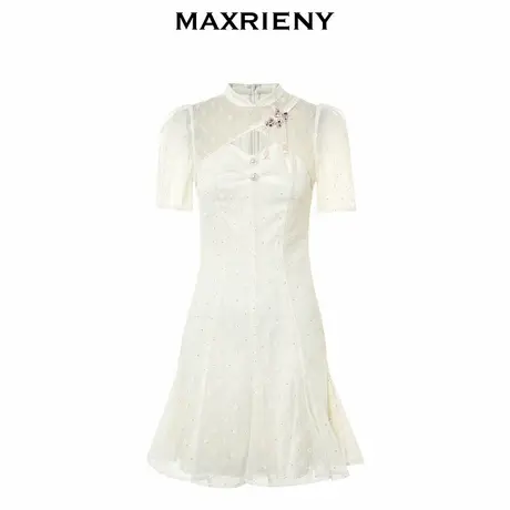 【奥莱】MAXRIENY新中式鱼尾连衣裙旗袍网纱裙领小白裙女图片
