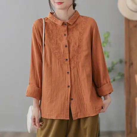 dza 复古宽松刺绣纯棉衬衣女士春秋休闲显瘦上衣百搭短款长袖衬衫商品大图