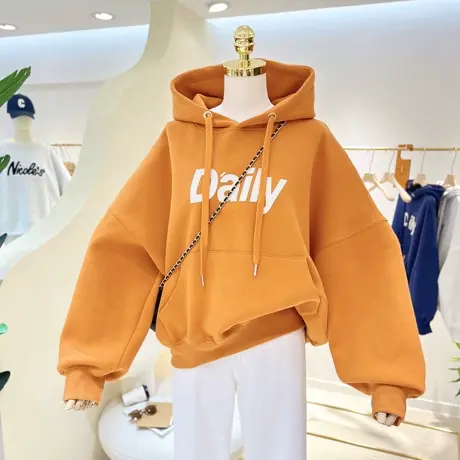 复古字母印花百搭春秋2023新款短款小个子宽松显瘦连帽卫衣女单穿商品大图