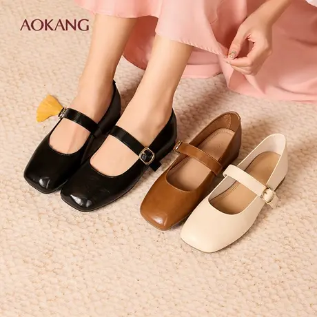 奥康 女鞋春秋玛丽珍方头简约一字带纯色浅口单鞋OL通勤平底图片