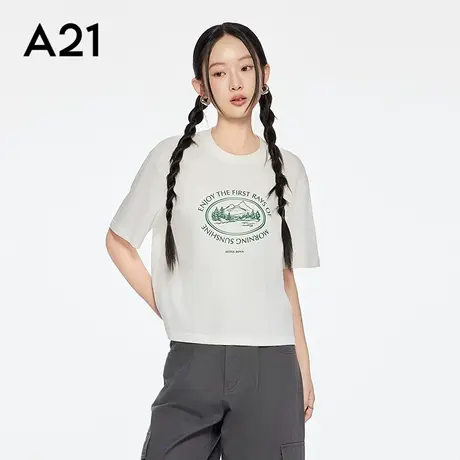A21女装印花字母宽松显瘦T恤2025夏季新款简约百搭圆领落肩袖上衣图片