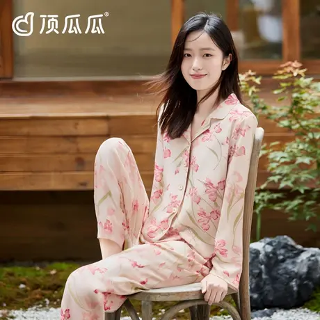 顶瓜瓜女士春秋季长袖长裤开襟翻领开襟植物印花宽松家居服睡衣套商品大图