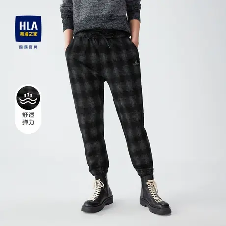 HLA/海澜之家时尚黑格子休闲裤秋冬季抽绳松紧腰弹力直筒裤子男士商品大图