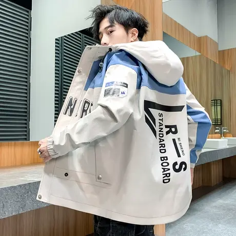 外套男春秋季中长款韩版潮流连帽夹克男装帅气青少年休闲宽松上衣商品大图