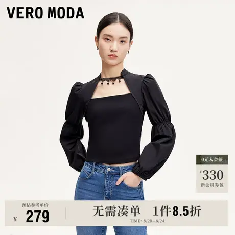 8.22上新Vero ModaT恤女2025早秋新款方领法式针织拼接泡泡袖上衣商品大图