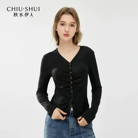 【悟空粉丝专享】秋水伊人简约风V领T恤春女经典时尚短款弹力上衣图片