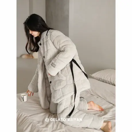 贝妍睡衣女冬季加厚三层珊瑚绒夹棉家居服保暖棉袄女宽松大码套装商品大图