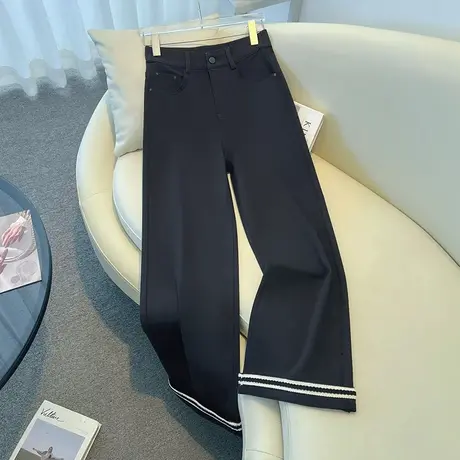 拉夏贝尔休闲牛仔阔腿裤女2025新款秋季拼色宽松高腰显瘦直筒长裤图片